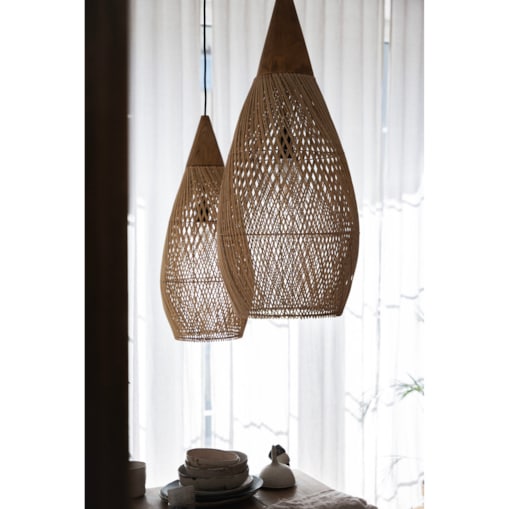 Rattanowa lampa z drewnem teakowym CONE w rozmiarze L - naturalna