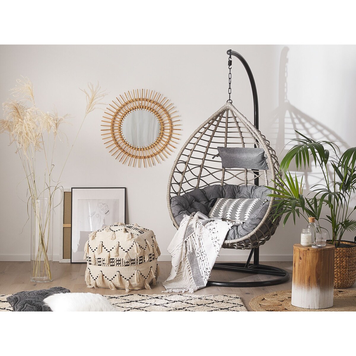 Fotel wiszący ze stojakiem z technorattanu szary ARSITA