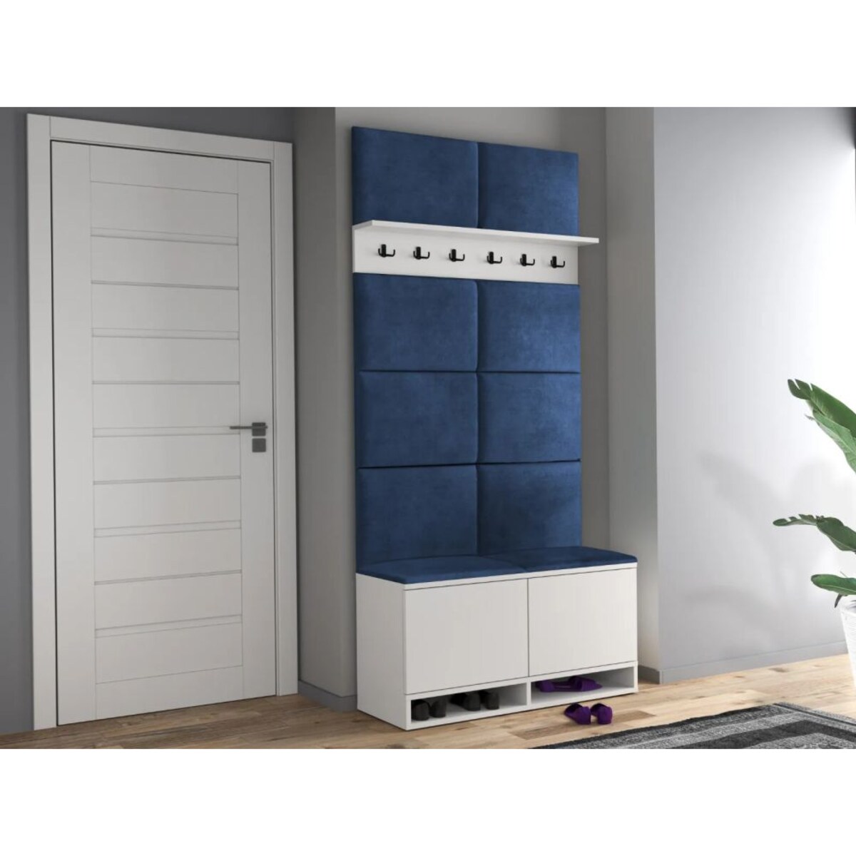 Szafka na buty z siedziskiem i wieszakiem DUBAI biała/granatowa