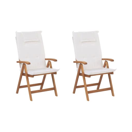 Zestaw 2 krzeseł ogrodowych składany drewno akacjowe z poduszkami kremowymi JAVA