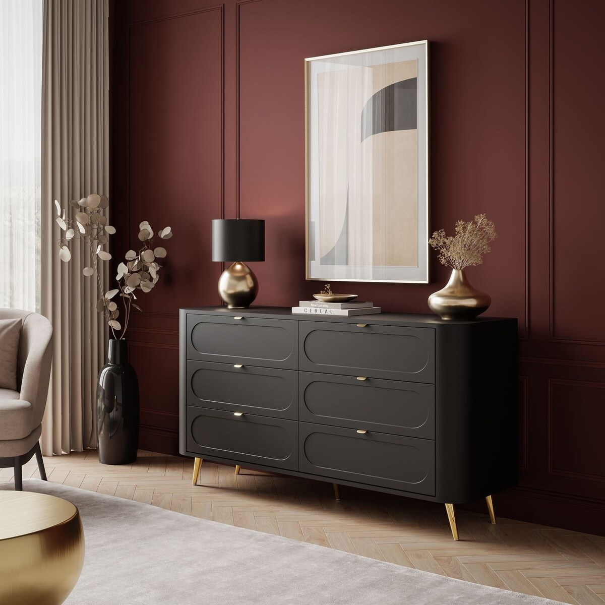 Komoda SHADOW II 6S z szufladami, nóżki skośne złote