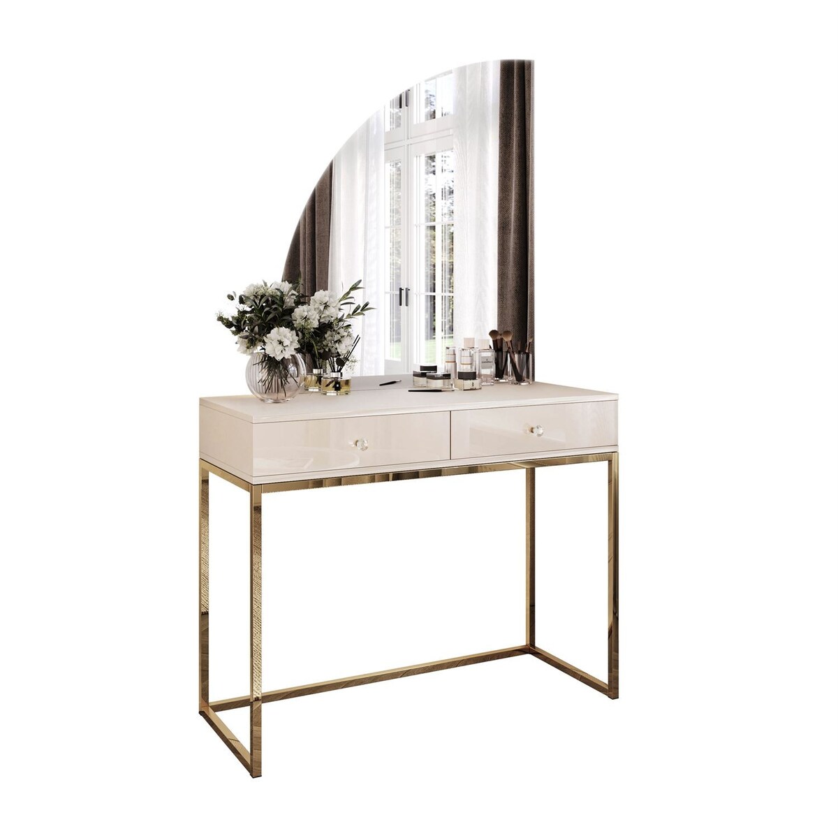 Toaletka kosmetyczna QUINNIE KASZMIR z lustrem LED złoty chrom, lewa, uchwyt biały kryształ