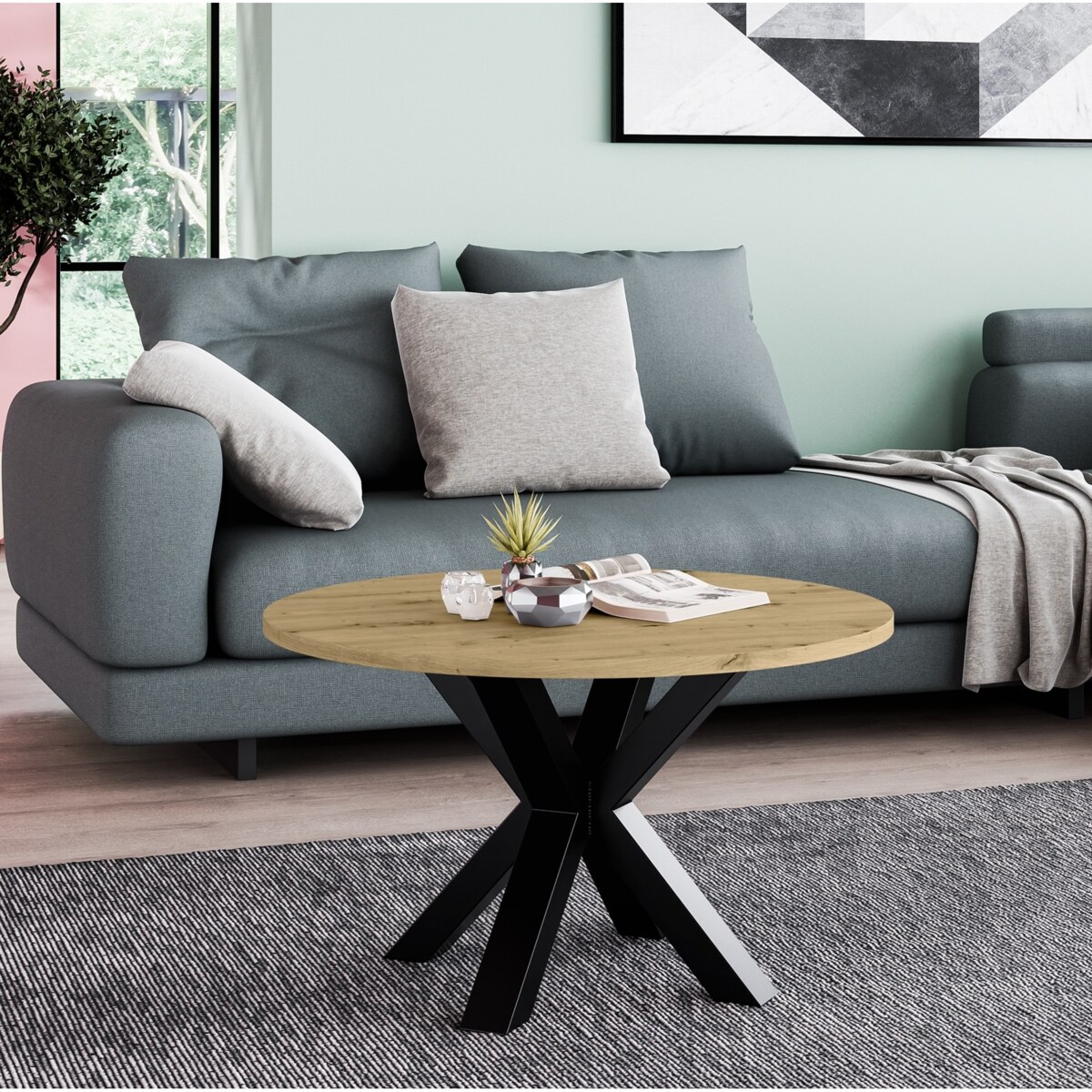 Stolik kawowy NEO okrągły 58 cm, metalowa podstawa- dąb artisan