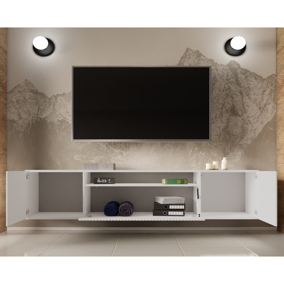 Szafka RTV NOELI, wisząca z ryflowanymi frontami pod telewizor- biała