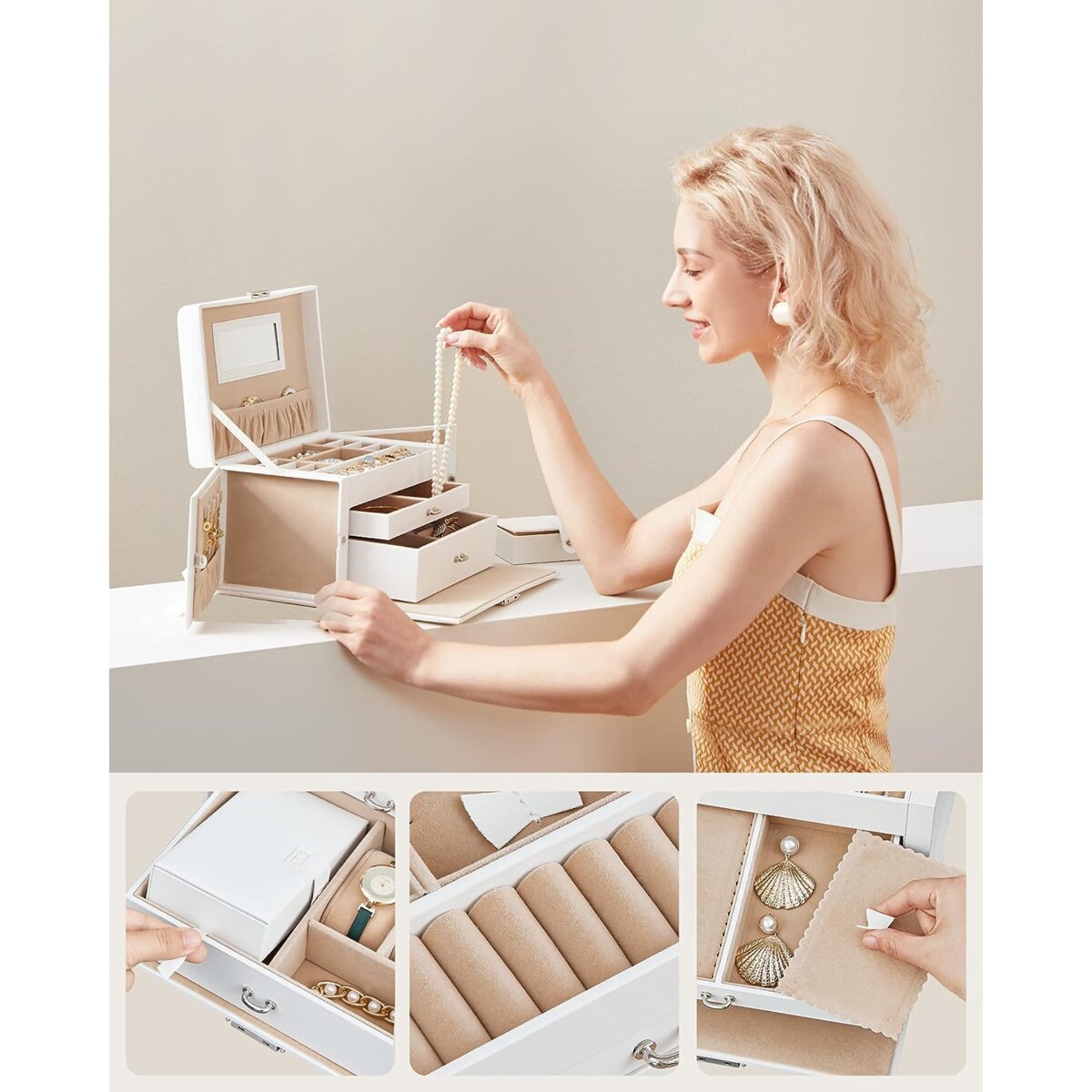 Kasetka Szkatulka Kuferek Na Biżuterię Zegarek Biały