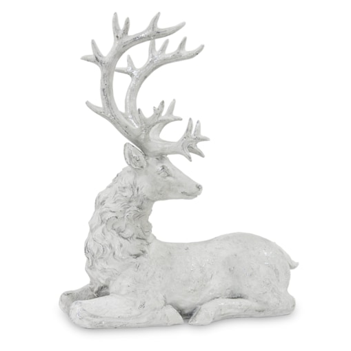 Dekoracja - figurka leżącego białego jelenia 38x32x15 cm KARGU-3 srebrny