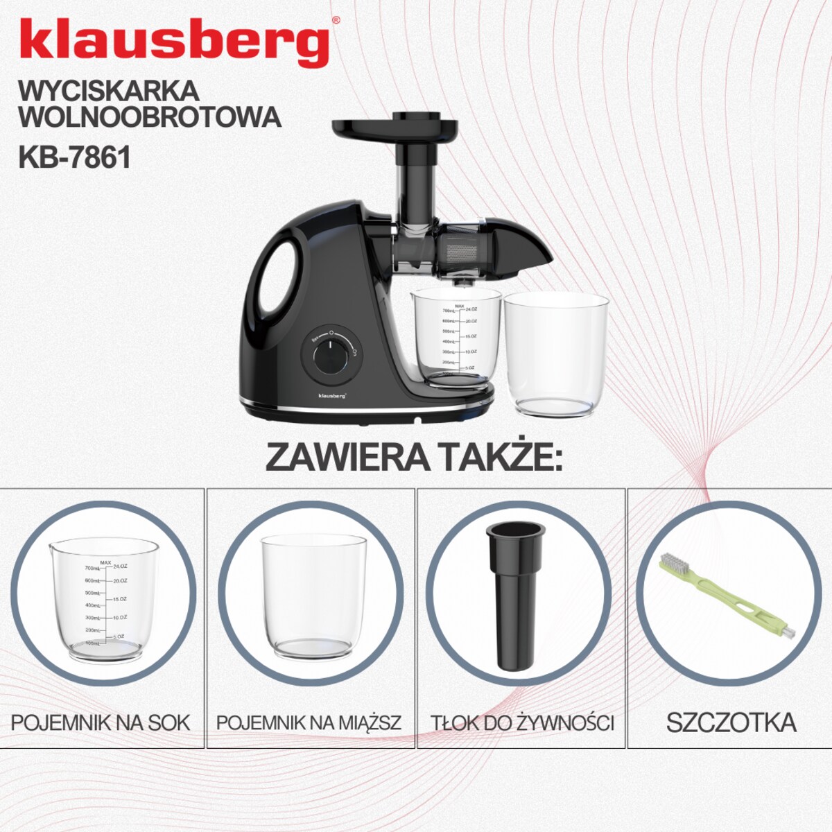 Sokowirówka wolnoobrotowa 150W do owoców i warzyw COLD PRESS KLAUSBERG KB-7861