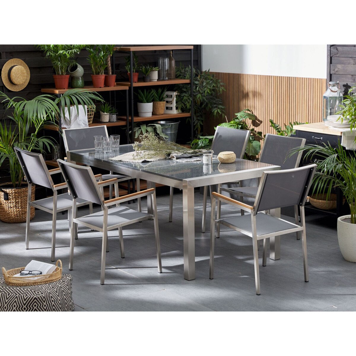 Zestaw ogrodowy stół granitowy dzielony blat szary i 6 krzeseł szarych GROSSETO