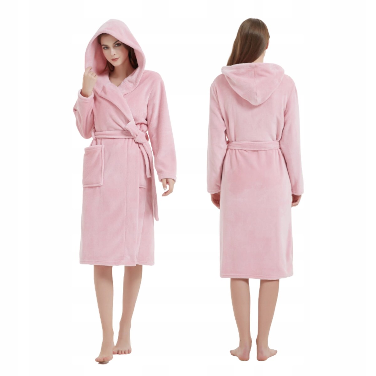 Gruby Szlafrok Damski Pluszowy Długi Ciepły miękki L/XL Puder z Wiązaniem