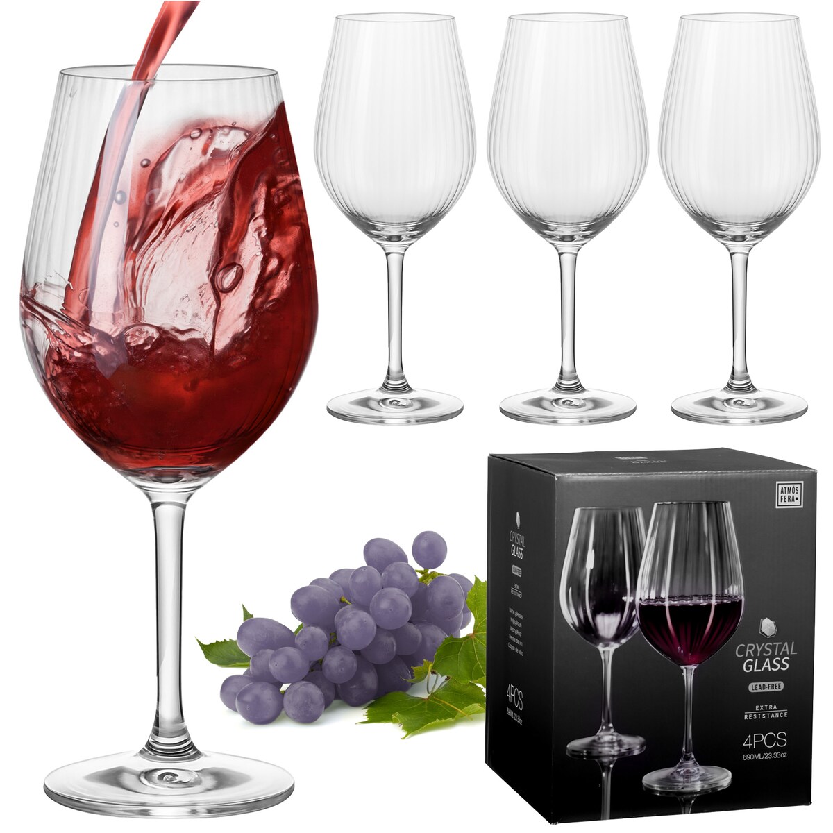 4X Kieliszki Kryształowe Do Wina Szampana Szklanki Eleganckie Szklane 690 Ml Zestaw