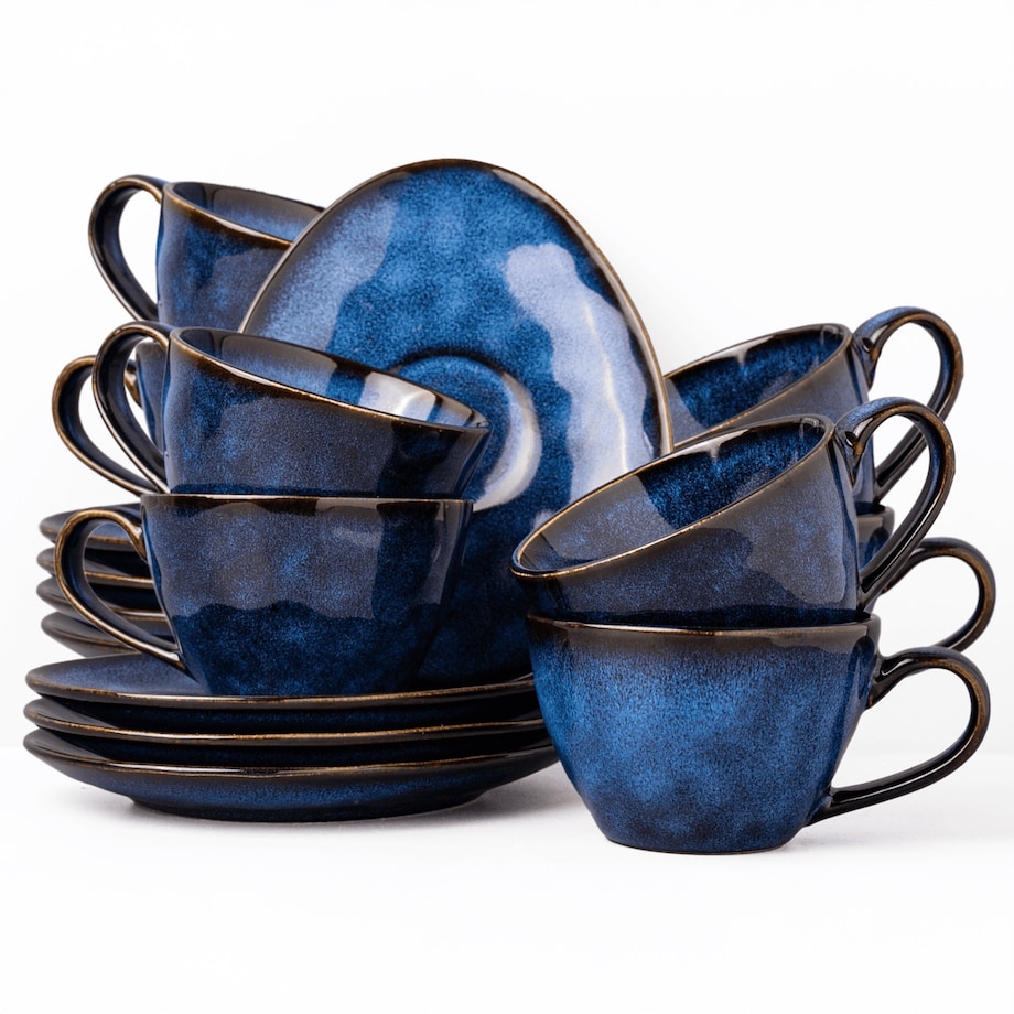 Serwis kawowy Uminami niebieski na 8 osób 16 szt. Nowoczesny Do zmywarki Komplet filiżanka i spodek