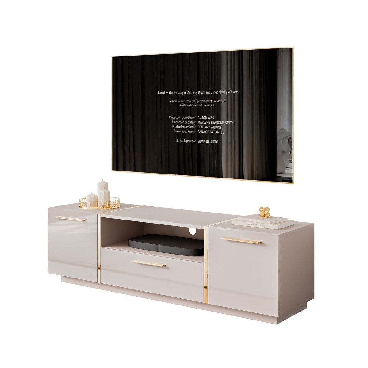 Szafka RTV ONYX kaszmir wysoki połysk 158 cm uchwyty