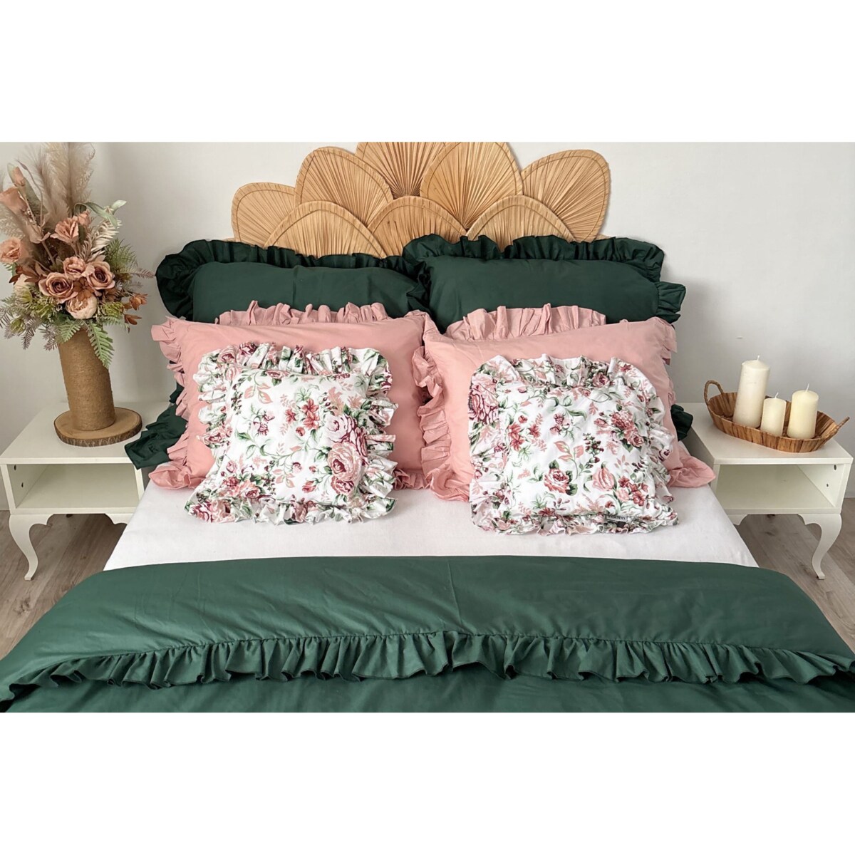 Pościel Bawełniana Z Falbanką Zestaw Komplet Do Sypialni Kołdra + 6 Poduszek 220X200 Cm Butelkowa Zieleń Retro Kwiaty