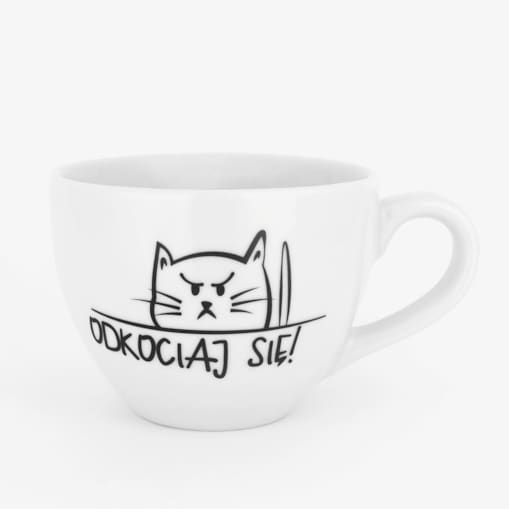 Biały kubek porcelanowy 500 ml - zabawny napis Odkociaj się z motywem kota dla miłośnika kotów na urodziny