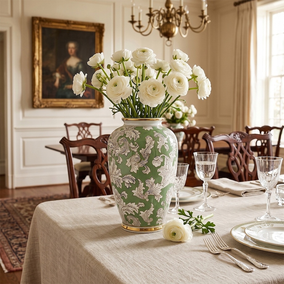 WAZON NA KWIATY TULIPANY BUKIET CERAMICZNY ZIELONY BIAŁY DUŻY DO DOMU 30cm