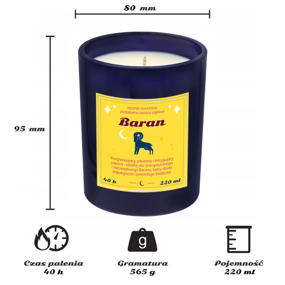 Świeca zodiakalna sojowa naturalna zapachowa BARAN - bezpieczna, ręcznie robiona w szklanym słoiczku na prezent upominek dla osoby ze znakiem zodiaku BARANA