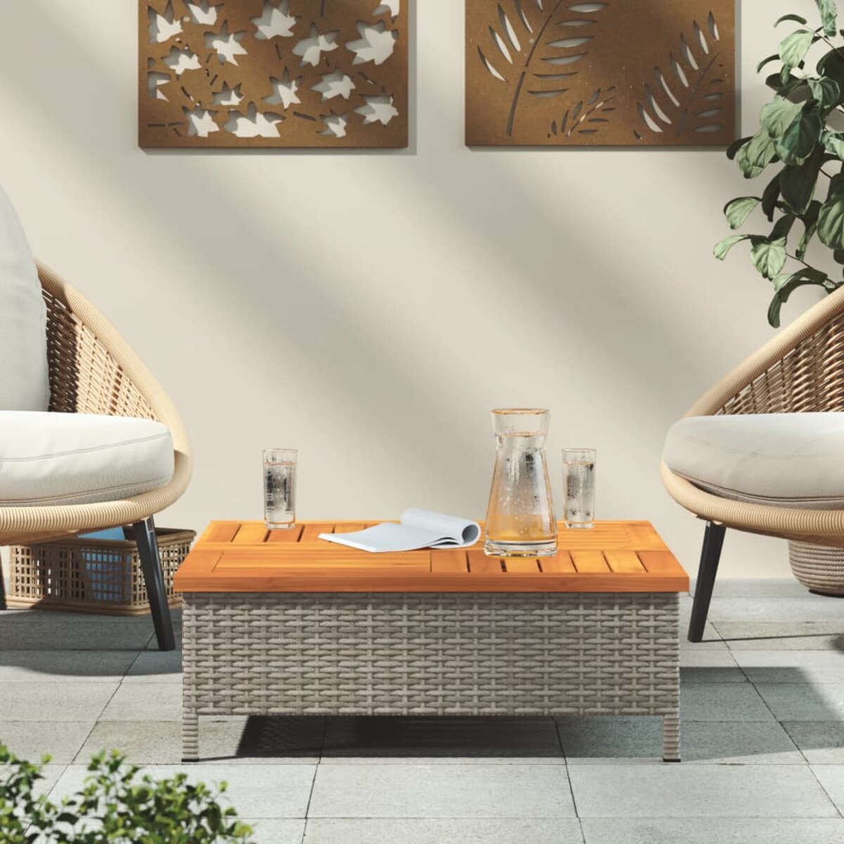 vidaXL Stolik ogrodowy, szary, 70x70x25 cm, rattan i drewno akacjowe