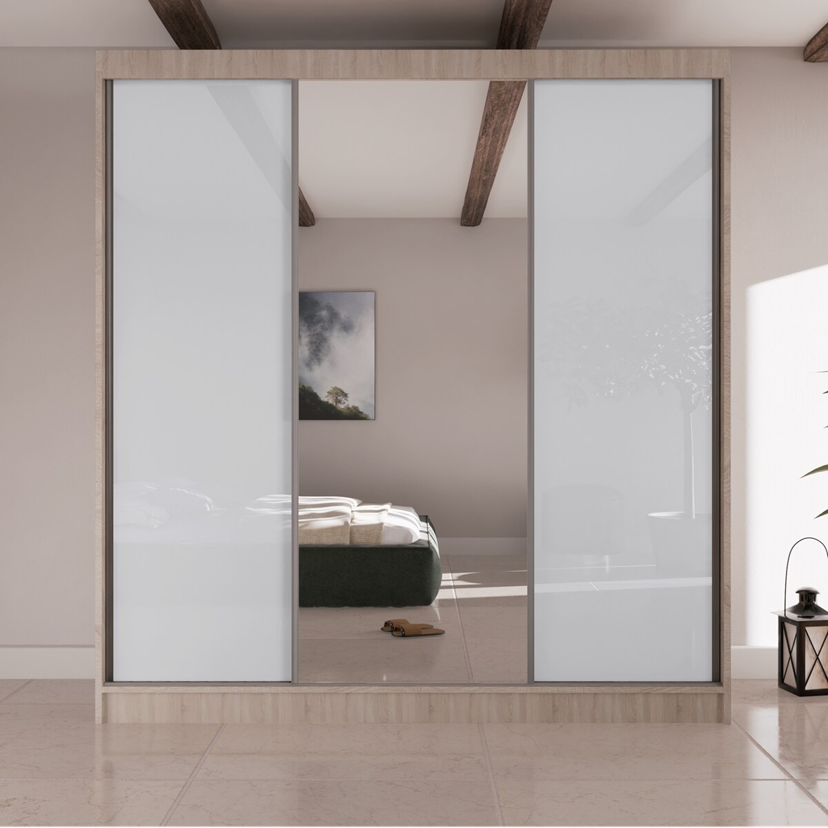 Szafa przesuwna VIOLA V200 z lustrem, do przedpokoju -sonoma+ biały lacobel