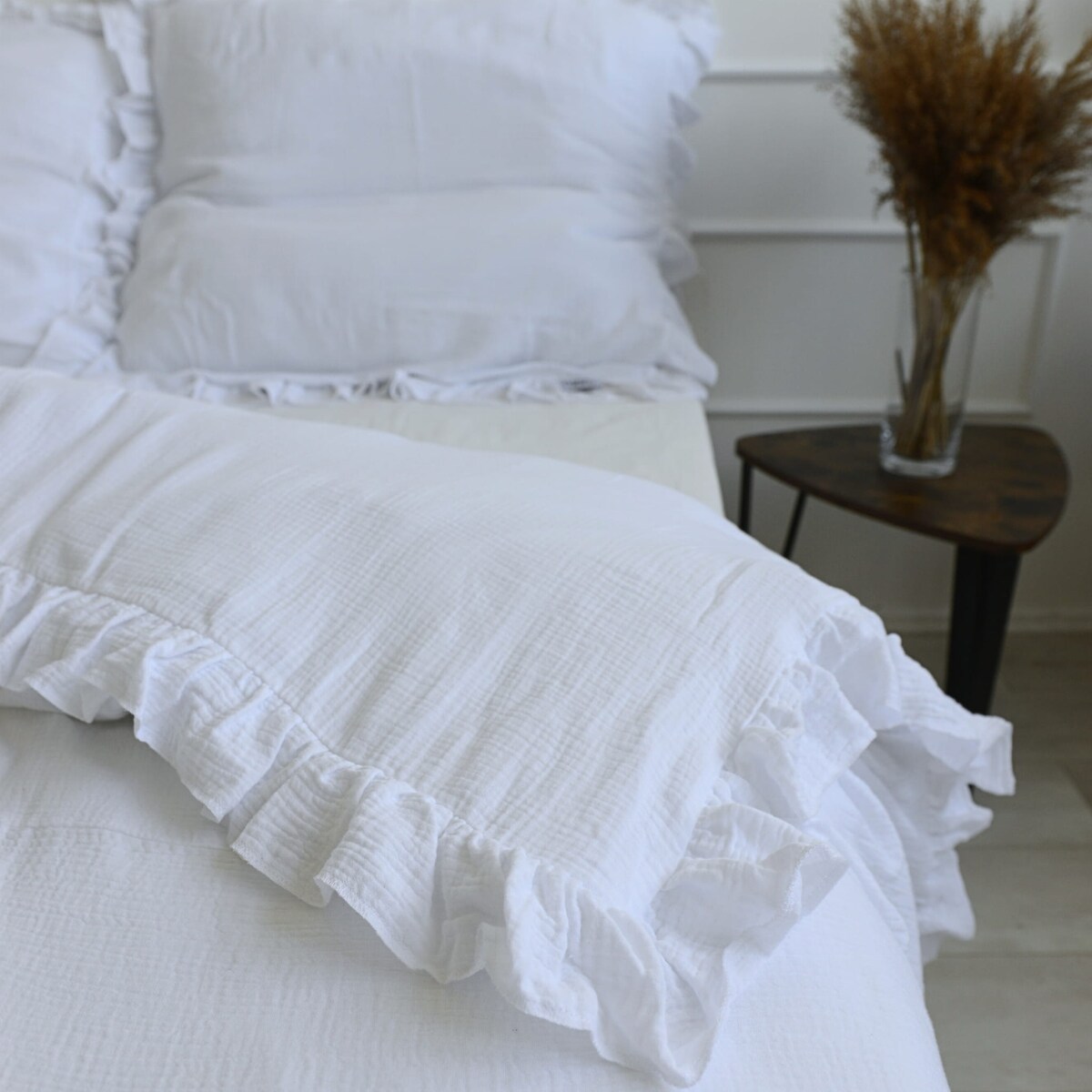 Pościel Muślinowa Z Falbanką Komplet Zestaw Do Sypialni Biała 200X200 Cm + 2 Poduszki 70X80 Cm