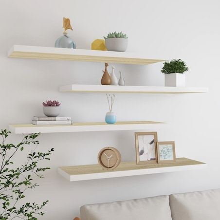 vidaXL Półki ścienne, 4 szt., dębowo-białe, 90x23,5x3,8 cm, MDF