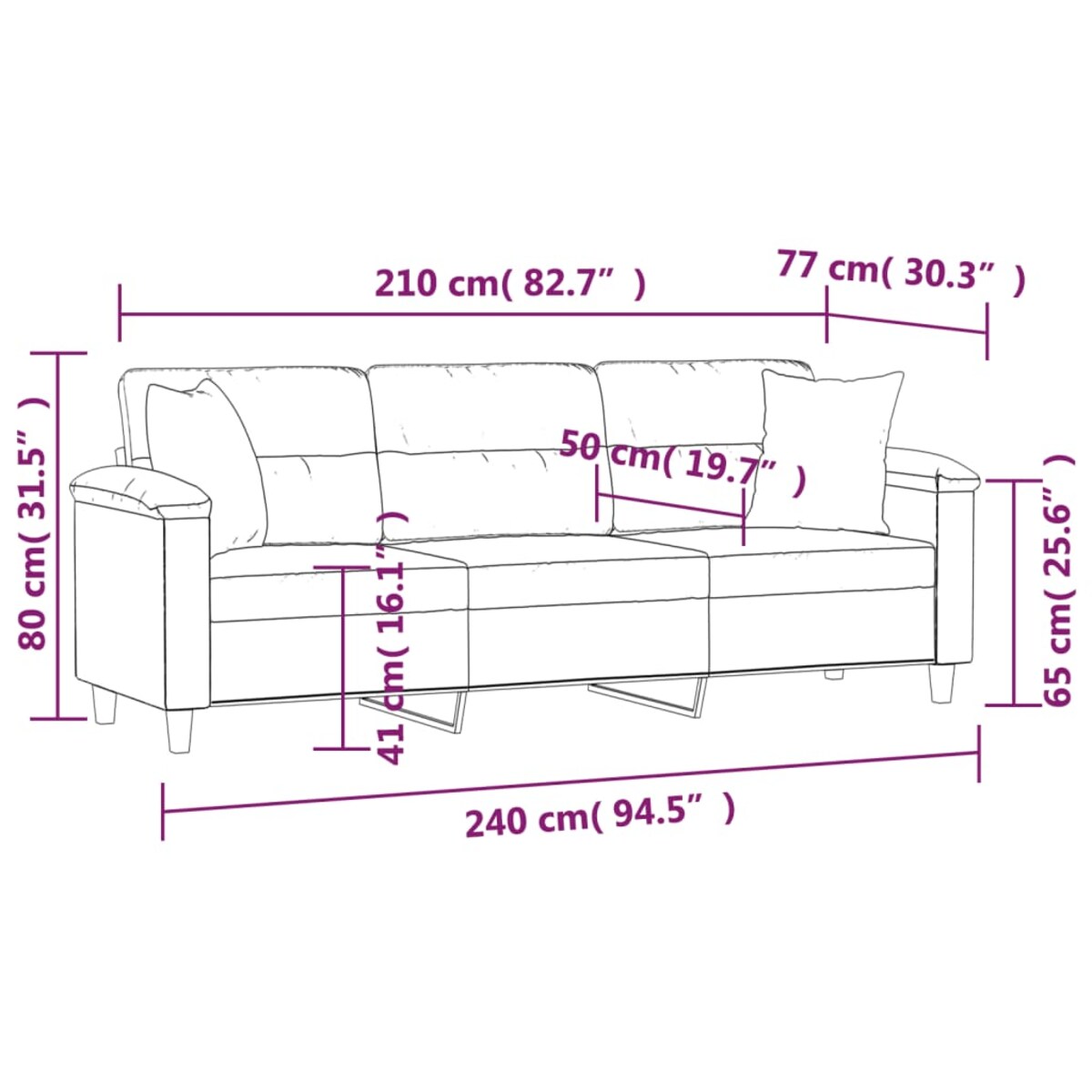 vidaXL 3-osobowa sofa z poduszkami, ciemnoszara, 210 cm, mikrofibra