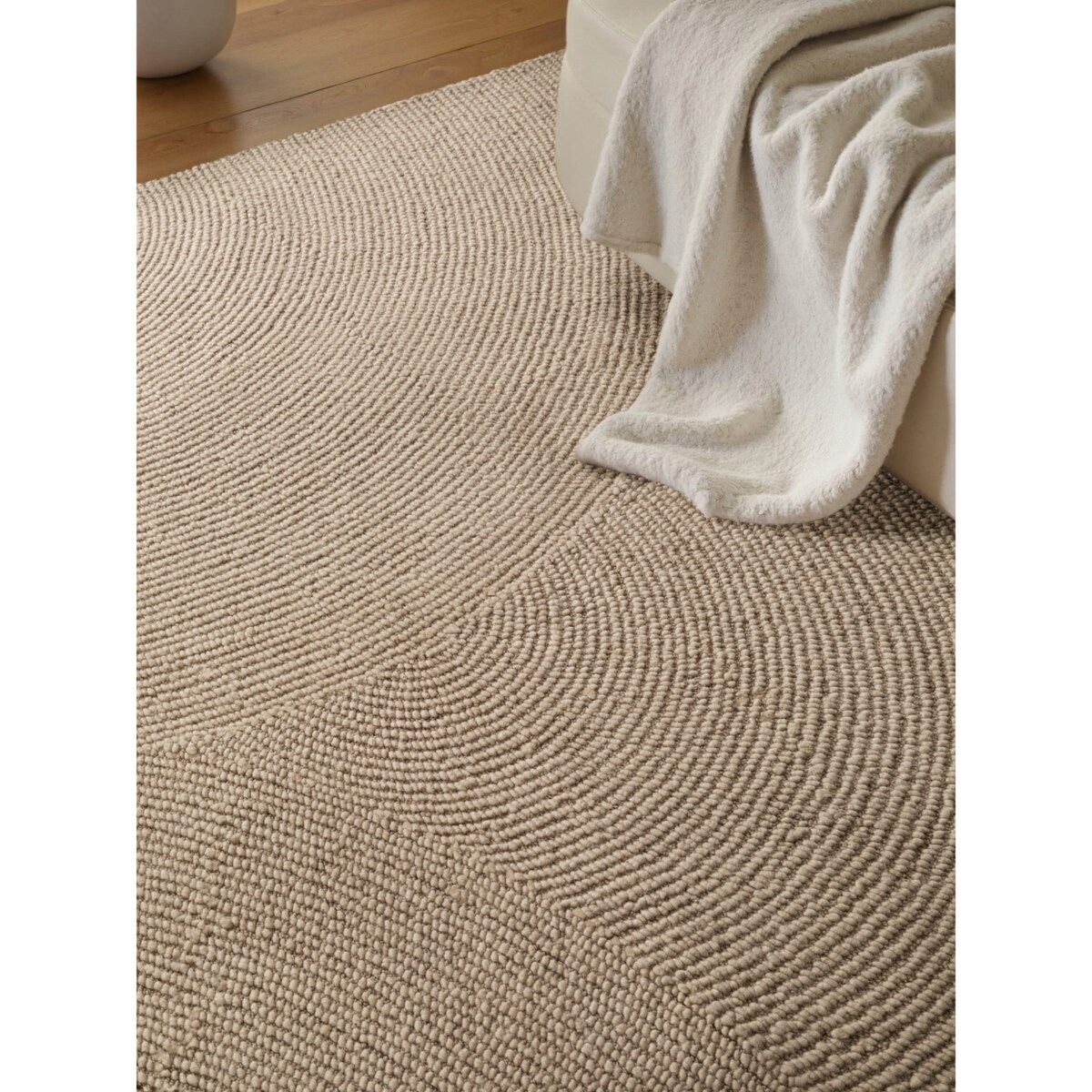 Dywan wełniany do salonu 120x180cm, beżowy wzór w półkola, efekt 3d