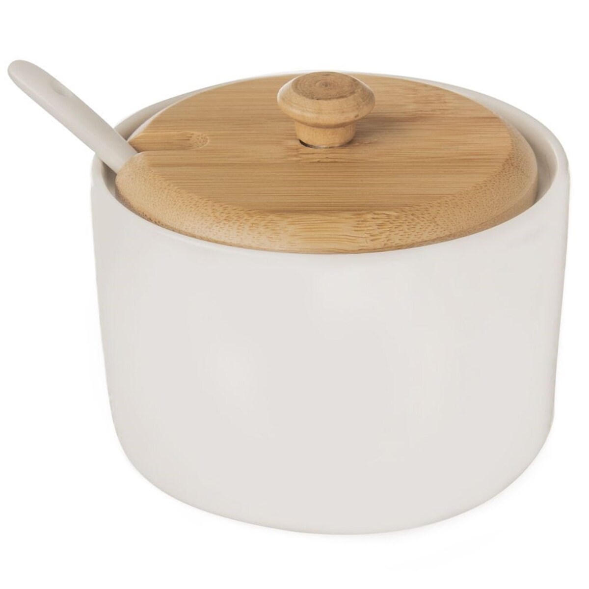 Cukierniczka Porcelanowa Bambusowa Biała z Pokrywką Łyżeczką Cukiernica Pojemnik na Cukier