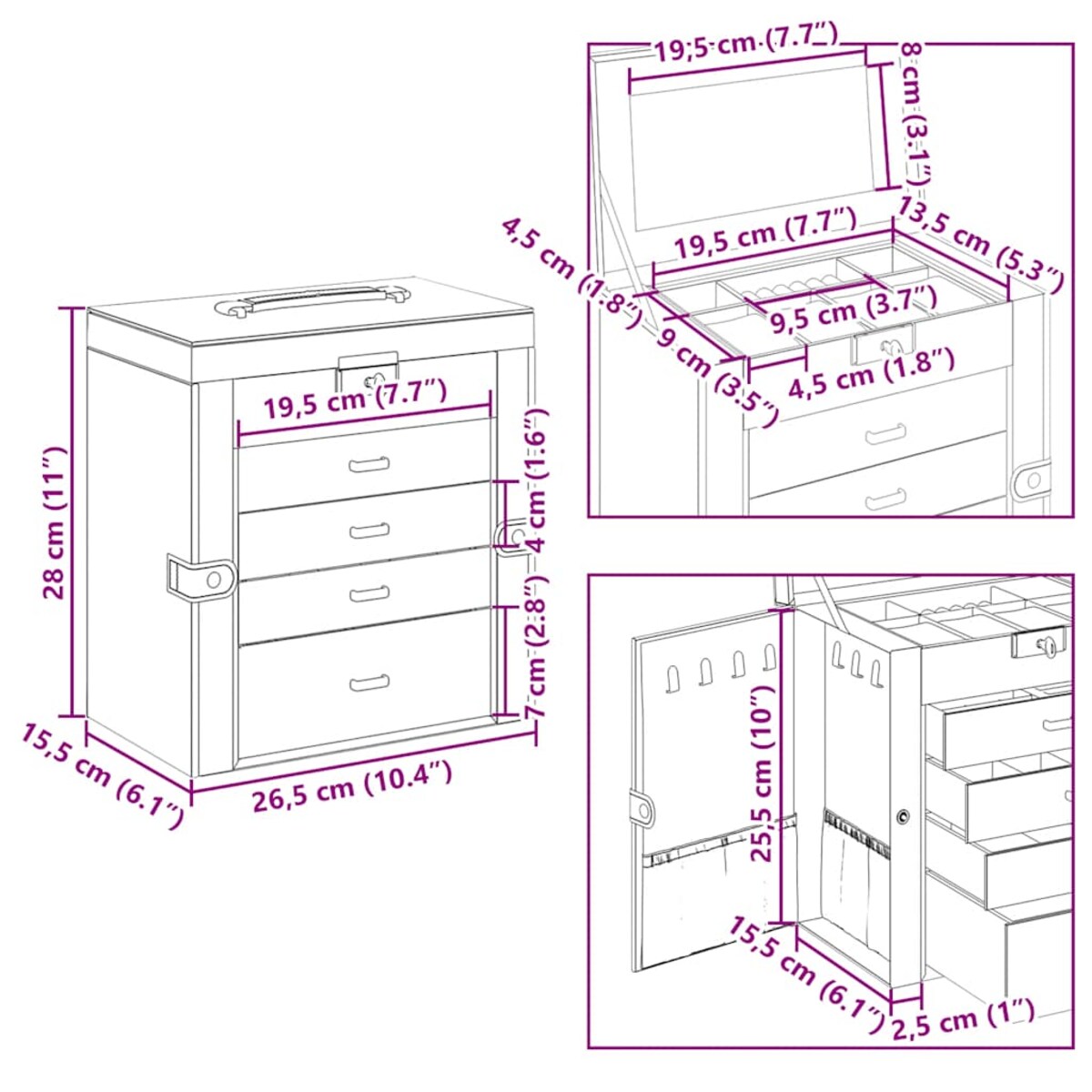 vidaXL Pudełko na biżuterię 5-warstwowe z lustrem zamykane na klucz