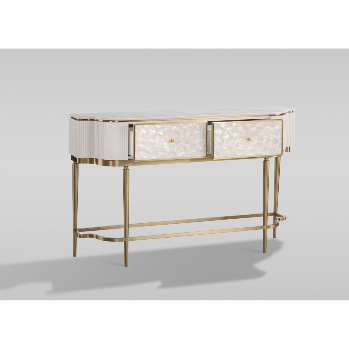 Kremowa konsola glamour z naturalną muszlami i marmurem Champion 140x35x86