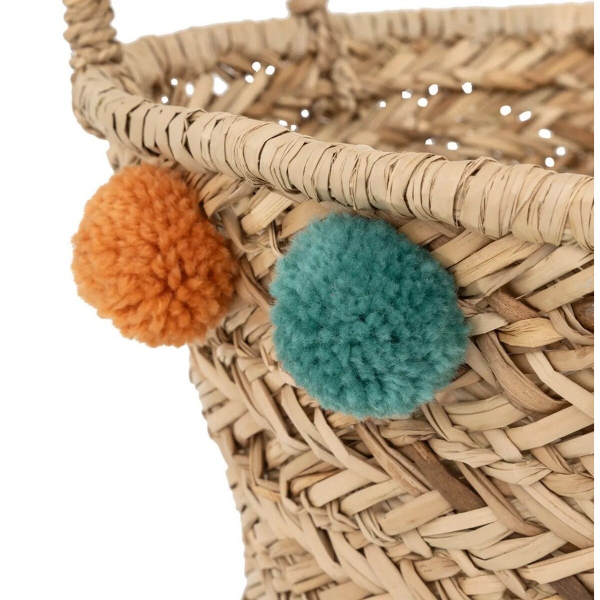 Kosz pleciony z trzciny z pomponikami 40 cm