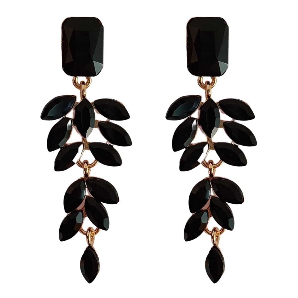 Złote czarne długie lekkie wiszące kolczyki z listkami cyrkoniami trendy
