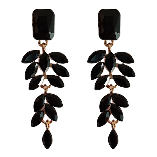 Złote czarne długie lekkie wiszące kolczyki z listkami cyrkoniami trendy