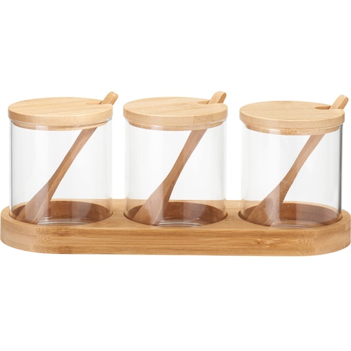 Słoiczki na przyprawy YULEA, 3 x Ø 8,5 cm, na bambusowej podstawce