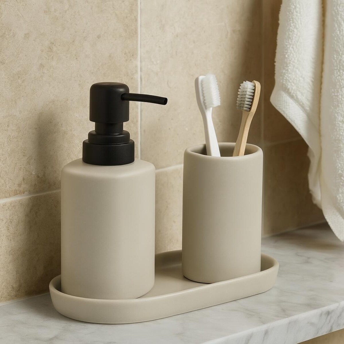 Zestaw łazienkowy PLY, ceramiczny dozownik, kubek i taca