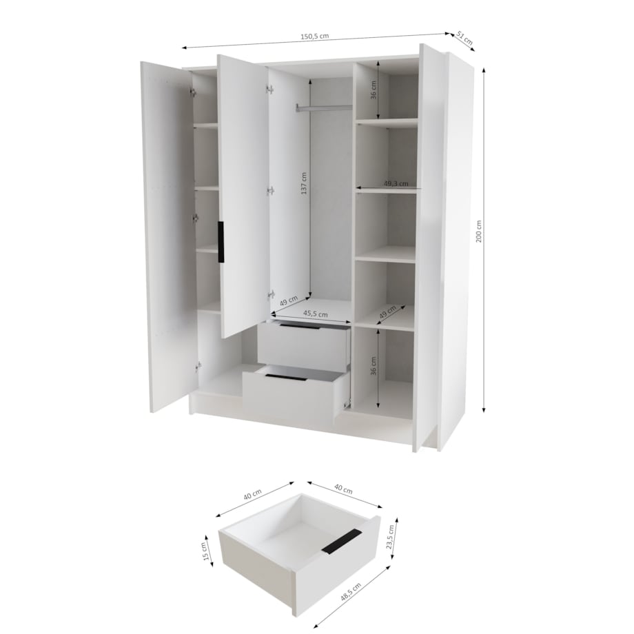 Szafa NIKOLA 150 z regulowanymi półkami do sypialni-czarny+biały front