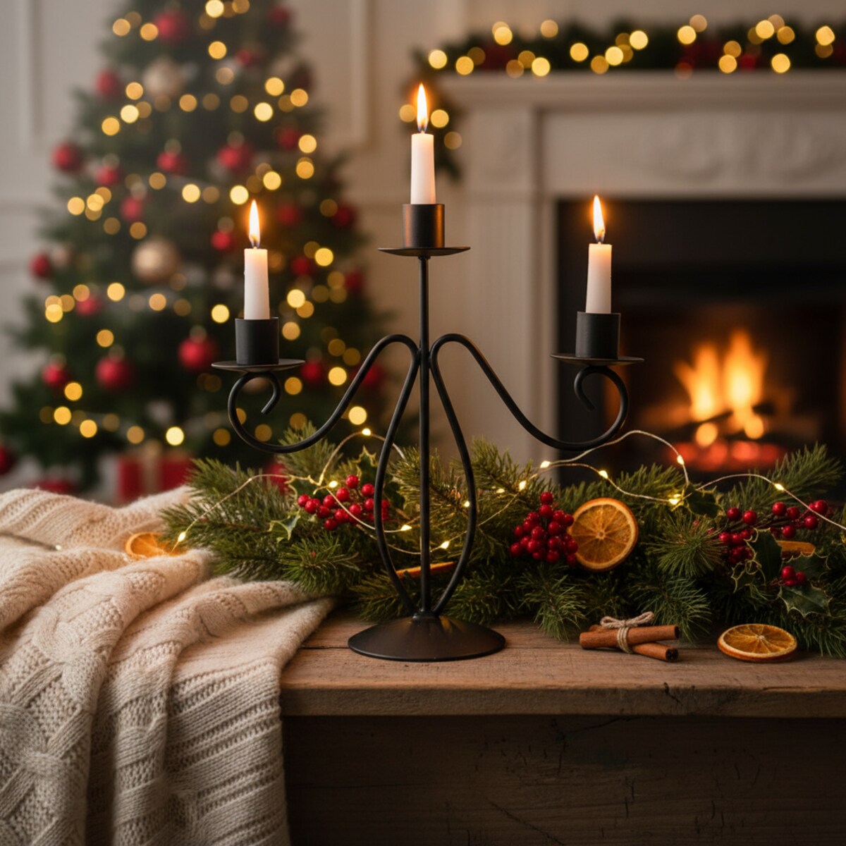 Świecznik trójramienny, metal, 22 cm