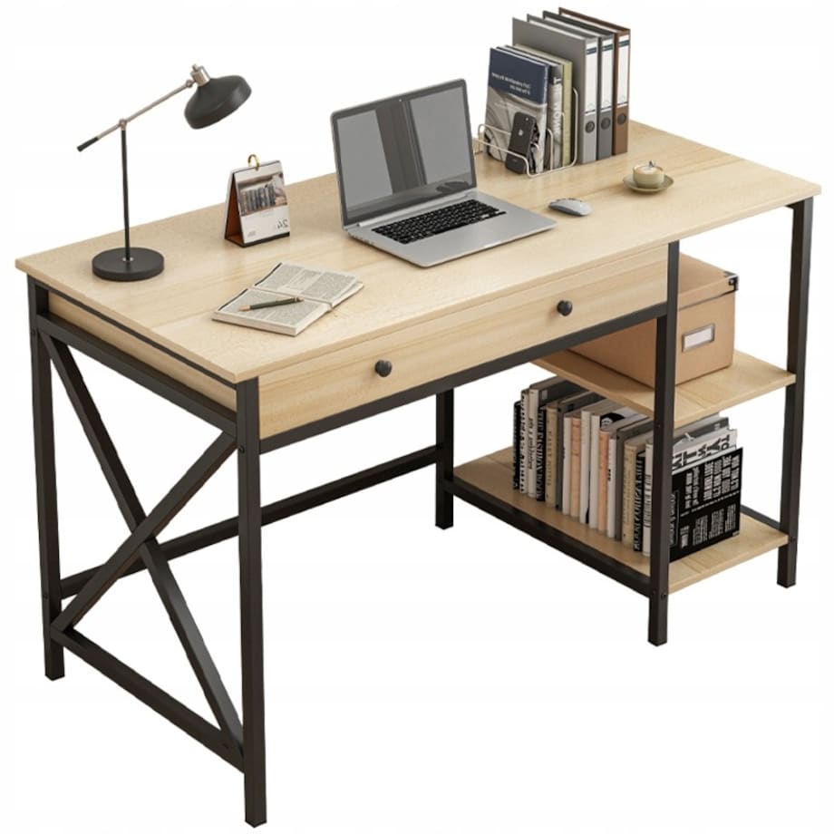 Biurko komputerowe loft industrialne szuflada półki jasny dąb skandynawski