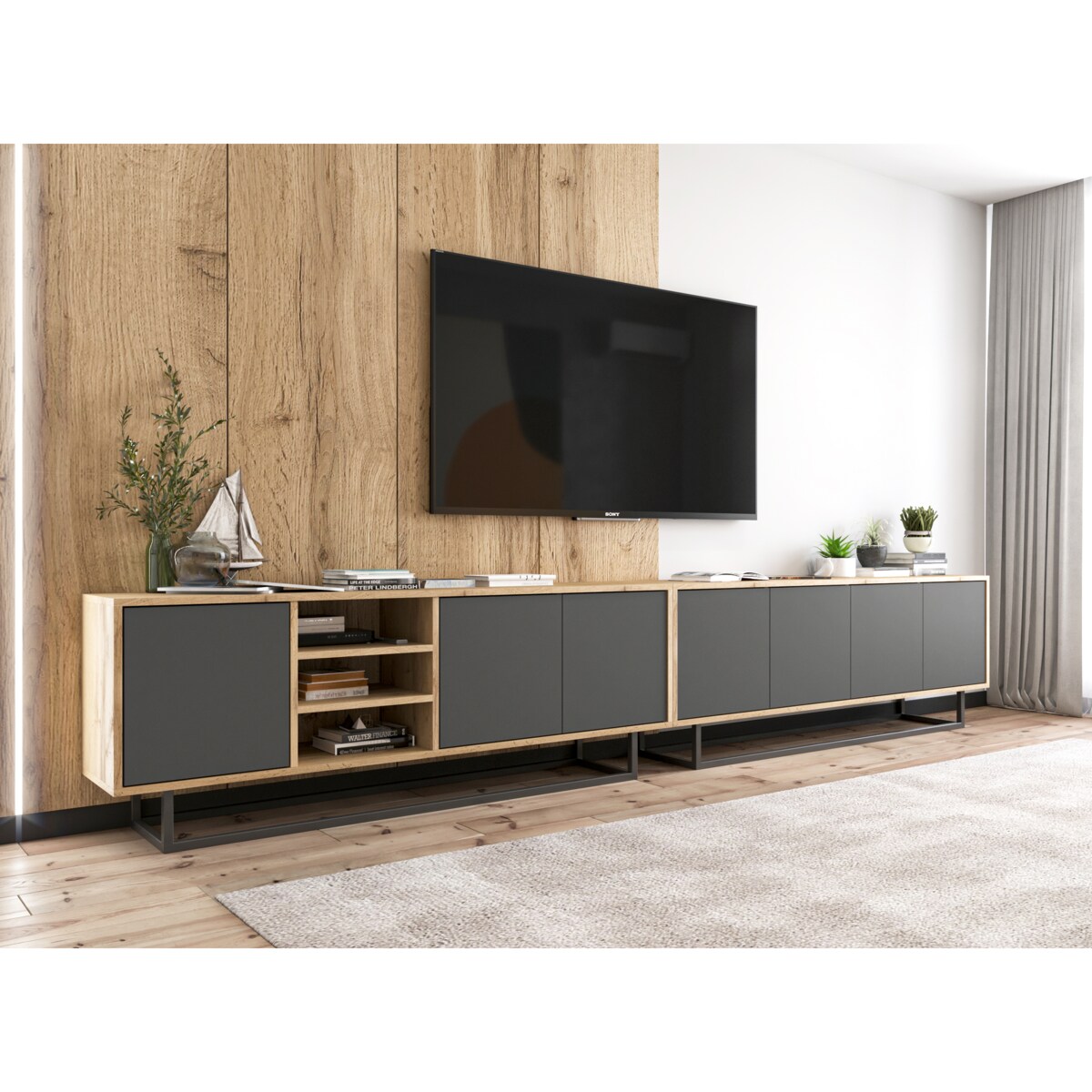 Szafka RTV Industrialna Komoda Loft Dąb Wotan Grafit MAT 150 cm