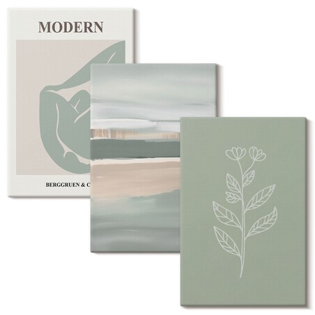 Zestaw 3 dużych obrazów na płótnie - Abstrakcyjne pastelowe kształty roślin - zielony