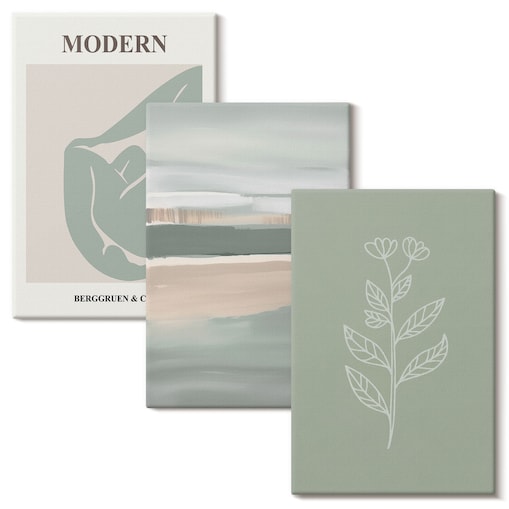 Zestaw 3 dużych obrazów na płótnie - Abstrakcyjne pastelowe kształty roślin - zielony