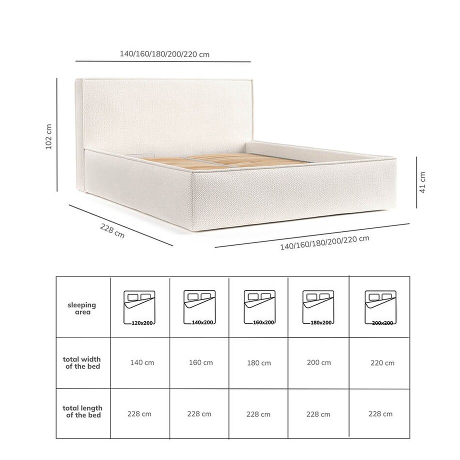 Łóżko kontynentalne SATO 140x200 z pojemnikiem, Jasny Szary, tkanina Modesto 481