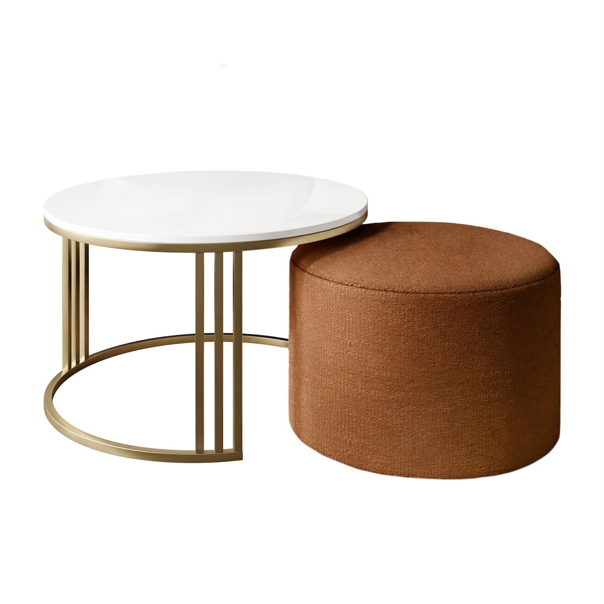 Stolik kawowy z pufą LORI POŁYSK złoto szczotkowane, biały / Perfect Harmony 52