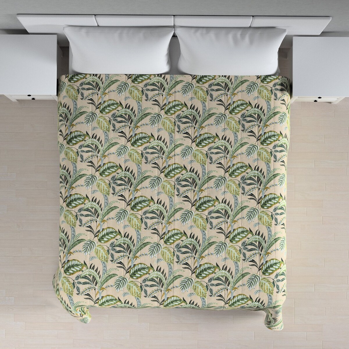 Narzuta pikowana w pasy 130x210 oliwkowo-zielone liście na lnianym tle