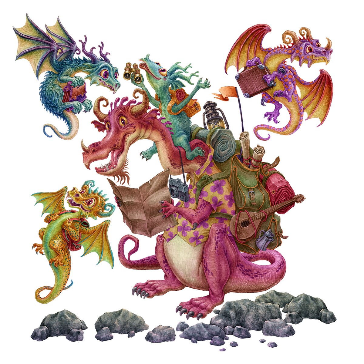 Zestaw naklejek na ścianę, Smoki bajkowa rodzina, 60cm