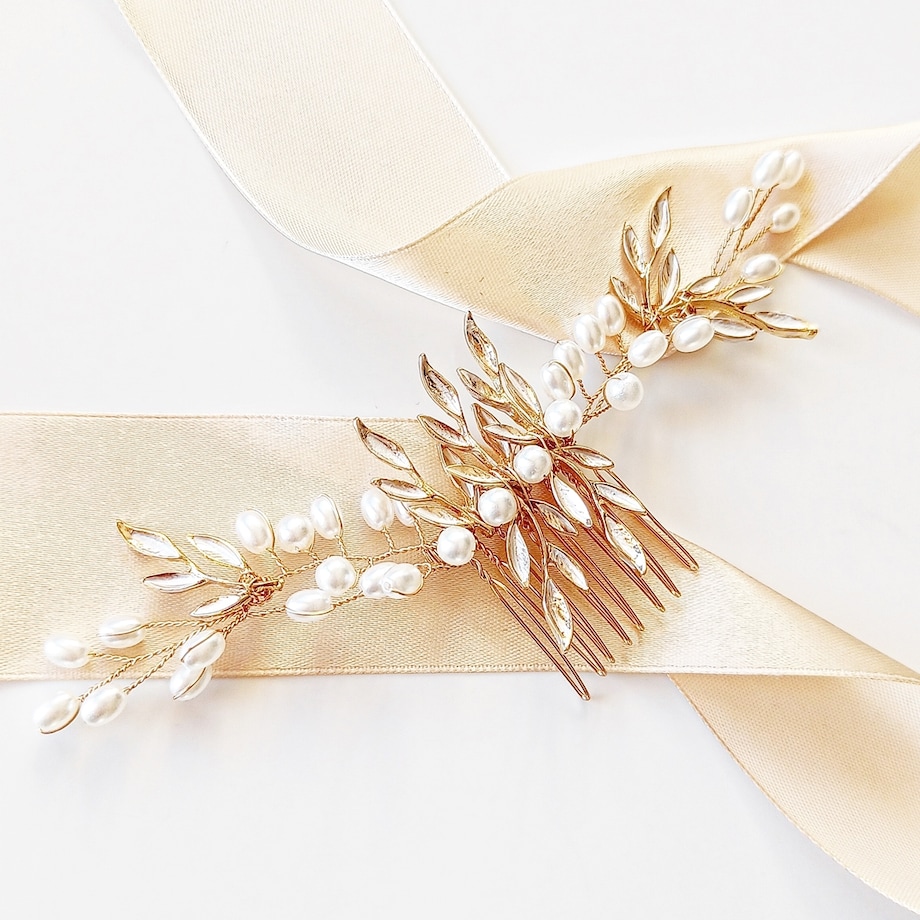 Grzebyk do włosów złoty z perełkami i listkami BOHO ślub fryzura upięcie