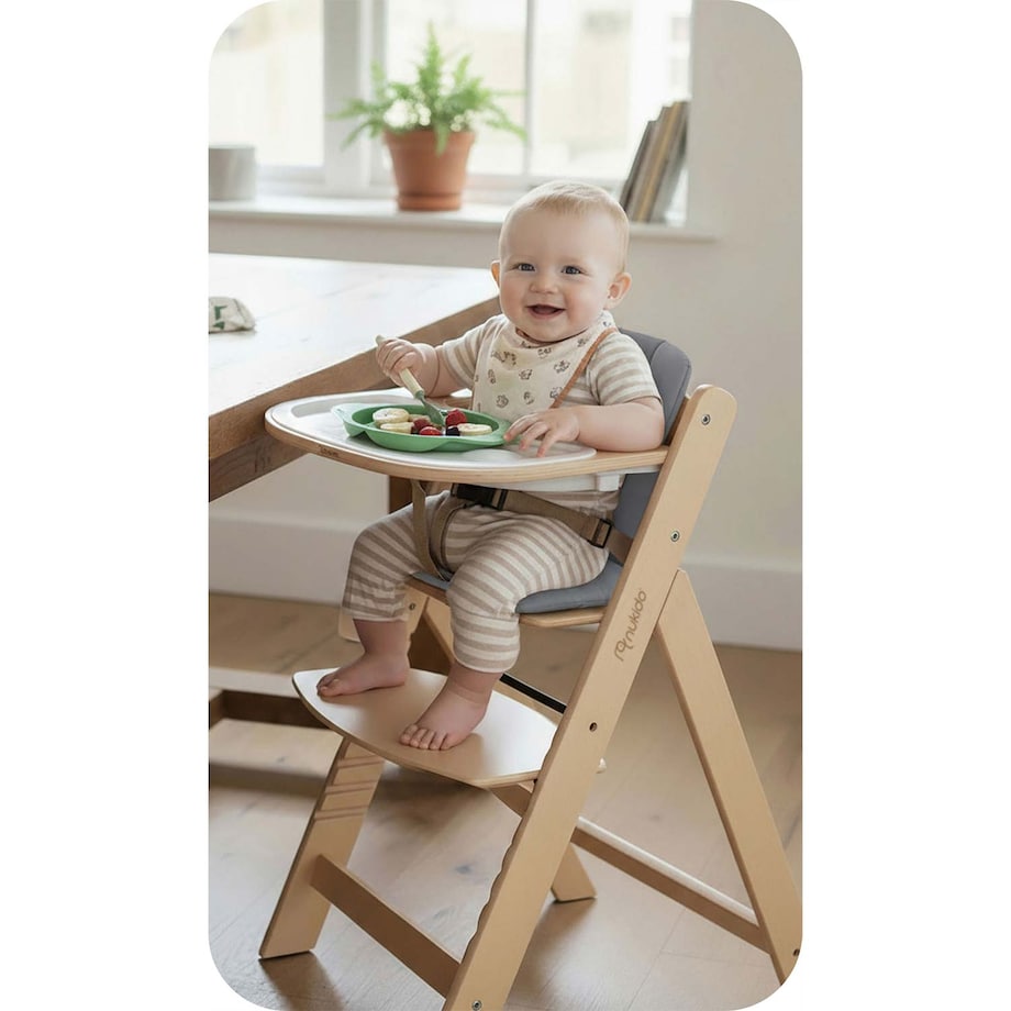 Drewniane krzesełko do karmienia Nukido tacka solidne regulowane pasy 703000