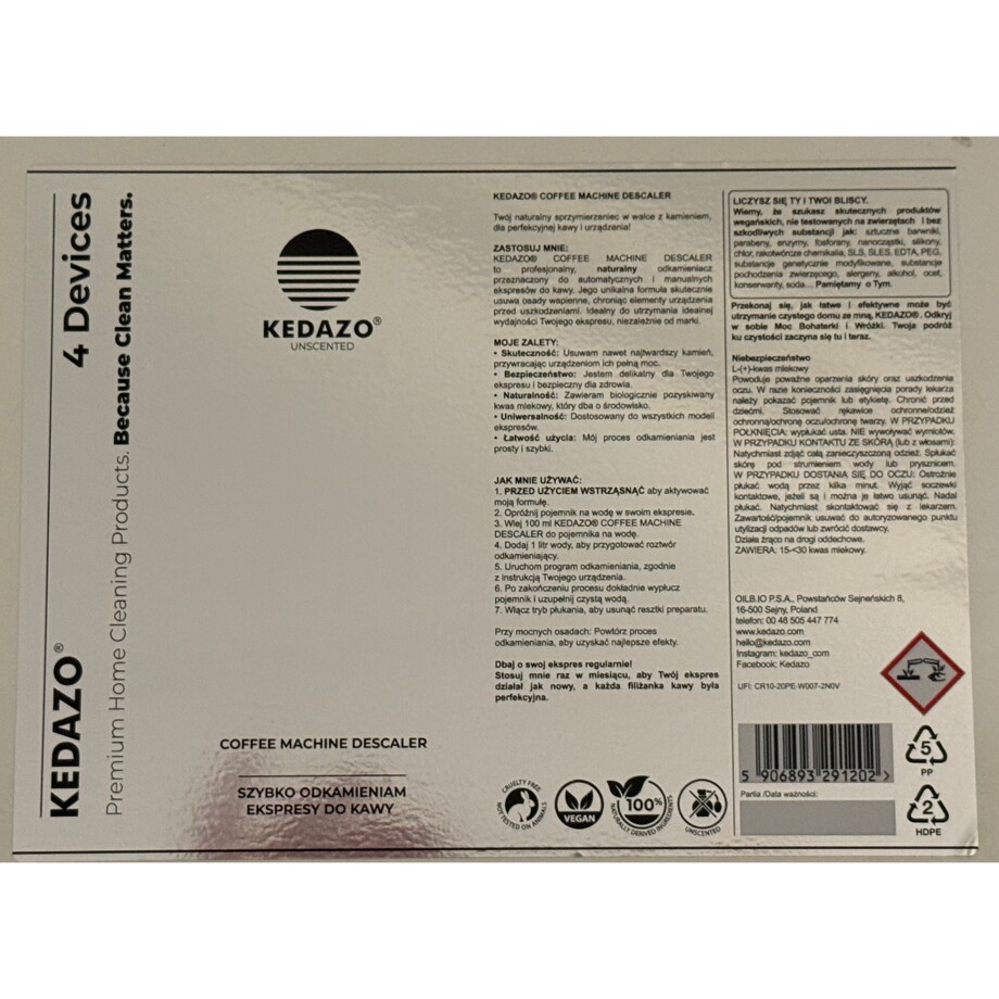 Odkamieniacz do ekspresów do kawy - KEDAZO Coffee Machine Descaler — 100% naturalny, bezzapachowy