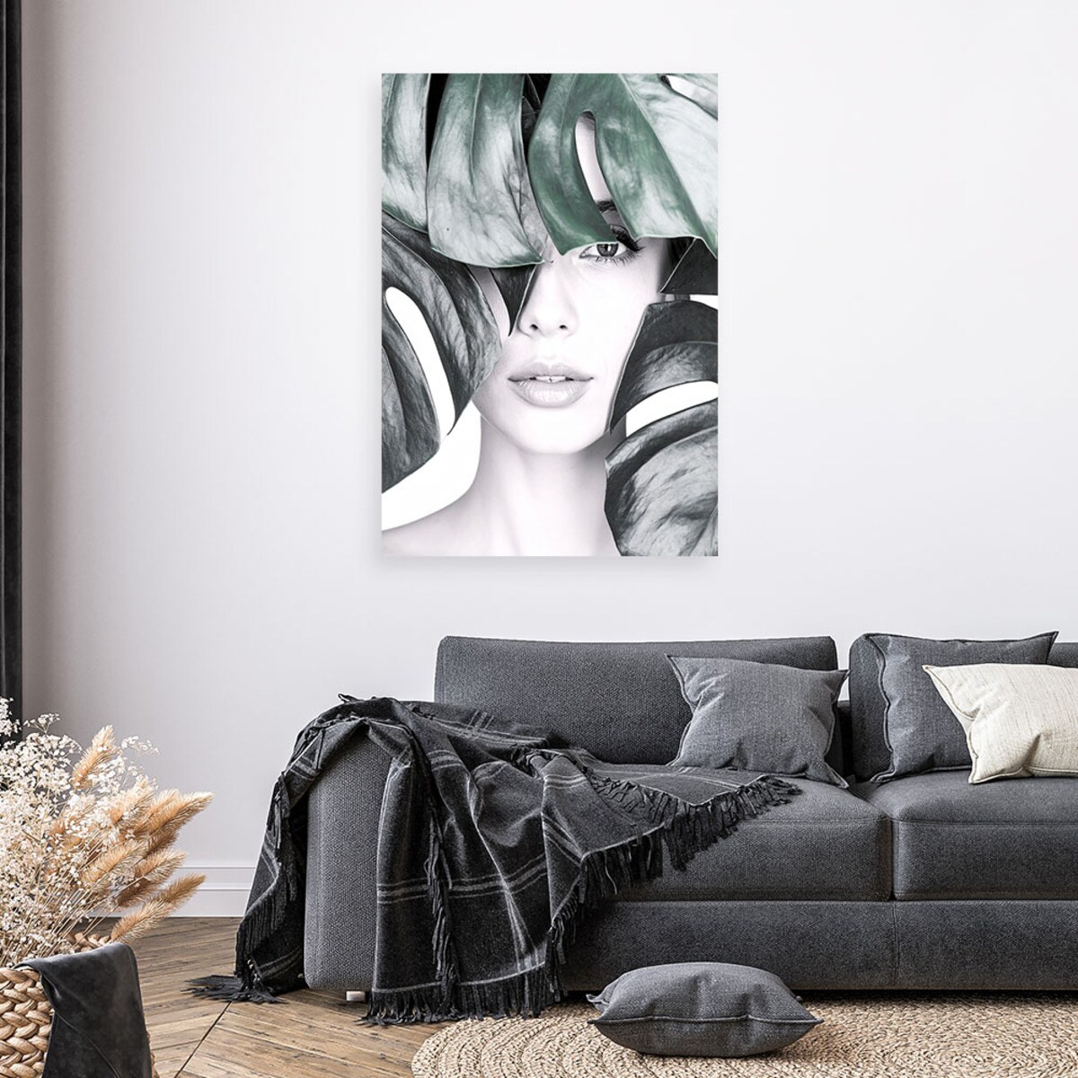 Obraz nowoczesny do salonu sypialni, Portret kobieta i liście monstery 70x100