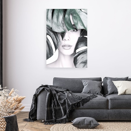 Obraz nowoczesny do salonu sypialni, Portret kobieta i liście monstery 70x100