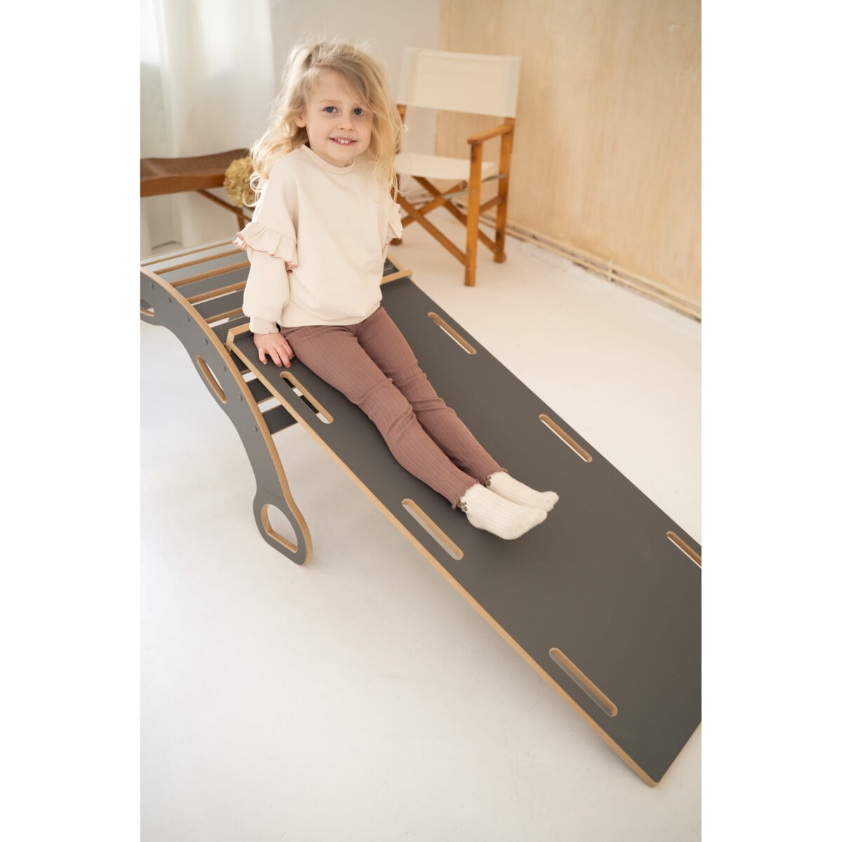 DUŻY bujak montessori z uchwytami + DUŻA zjeżdżalnia CHMURKI - szary